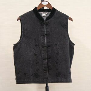 Stonebridge Black Denim Vest Mandarin Collar, Frog Closures, Floral Embroidered